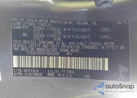 2015 Toyota Sienna L 7 Passenger from USA, damaged, VIN 5TDZK3DC9FS656369